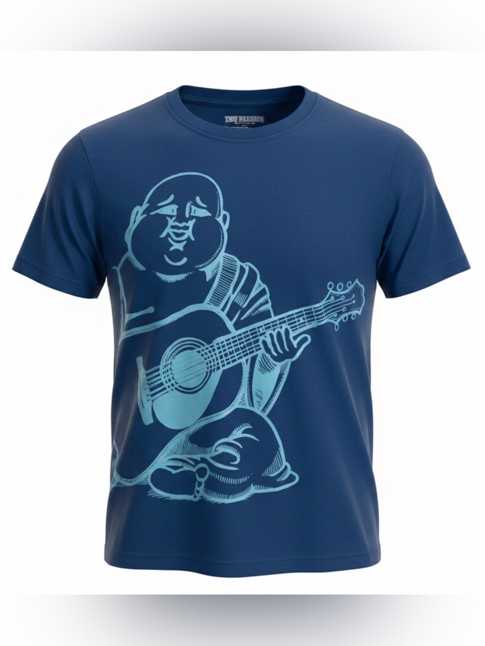 True Religion Navy Tee with Light Blue Buddha Guitar Graphic